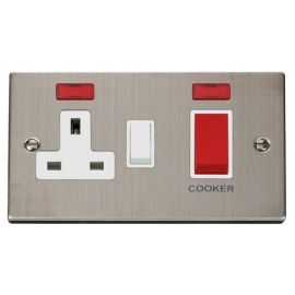 Click VPSS205WH Deco Stainless Steel 45A Cooker Switch Unit with 13A 2 Pole Neon Switched Socket - White Insert image