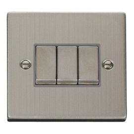 Click VPSS413GY Deco Stainless Steel Ingot 3 Gang 10AX 2 Way Plate Switch - Grey Insert