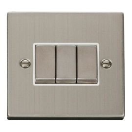 Click VPSS413WH Deco Stainless Steel Ingot 3 Gang 10AX 2 Way Plate Switch - White Insert