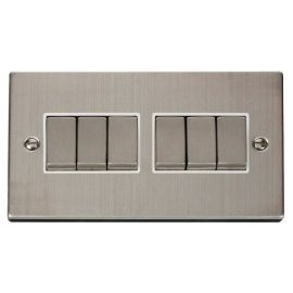 Click VPSS416WH Deco Stainless Steel Ingot 6 Gang 10AX 2 Way Plate Switch - White Insert