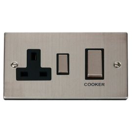 Click VPSS504BK Deco Stainless Steel Ingot 45A Cooker Switch Unit with 13A 2 Pole Switched Socket - Black Insert