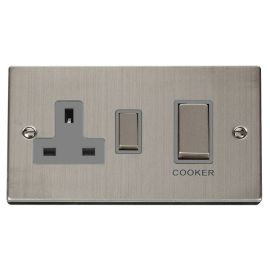 Click VPSS504GY Deco Stainless Steel Ingot 45A Cooker Switch Unit with 13A 2 Pole Switched Socket - Grey Insert