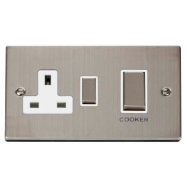 Click VPSS504WH Deco Stainless Steel Ingot 45A Cooker Switch Unit 13A 2 Pole Switched Socket - White Insert