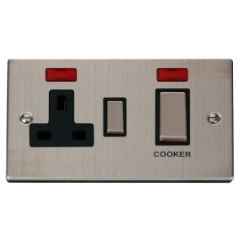 Click VPSS505BK Deco Stainless Steel Ingot 45A Cooker Switch Unit with 13A 2 Pole Neon Switched Socket - Black Insert