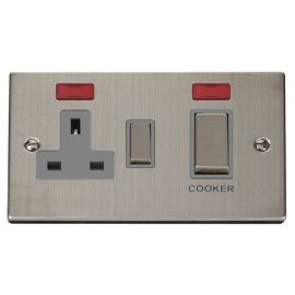 Click VPSS505GY Deco Stainless Steel Ingot 45A Cooker Switch Unit with 13A 2 Pole Neon Switched Socket - Grey Insert