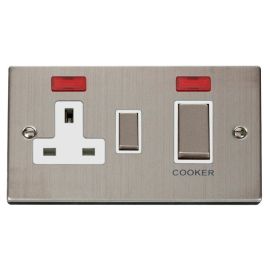 Click VPSS505WH Deco Stainless Steel Ingot 45A Cooker Switch Unit 13A 2 Pole Neon Switched Socket - White Insert