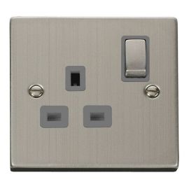 Click VPSS535GY Deco Stainless Steel Ingot 1 Gang 13A 2 Pole Switched Socket - Grey Insert