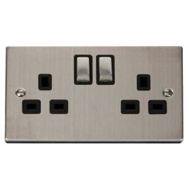 Click VPSS536BK Deco Stainless Steel Ingot 2 Gang 13A 2 Pole Switched Socket - Black Insert