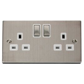 Click VPSS536WH Deco Stainless Steel Ingot 2 Gang 13A 2 Pole Switched Socket - White Insert