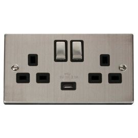 Click VPSS570BK Deco Stainless Steel Ingot 2 Gang 13A 1x USB-A 2.1A Switched Socket - Black Insert image