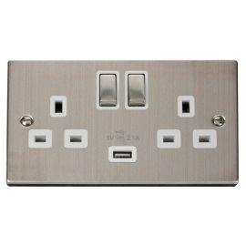 Click VPSS570WH Deco Stainless Steel Ingot 2 Gang 13A 1x USB-A 2.1A Switched Socket - White Insert image