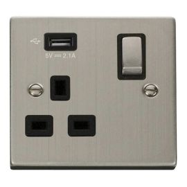 Click VPSS571UBK Deco Stainless Steel Ingot 1 Gang 13A 1x USB-A 2.1A Switched Socket - Black Insert