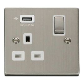 Click VPSS571UWH Deco Stainless Steel Ingot 1 Gang 13A 1x USB-A 2.1A Switched Socket - White Insert image