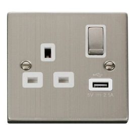Click VPSS571WH Deco Stainless Steel Ingot 1 Gang 13A 1x USB-A 2.1A Switched Socket - White Insert image