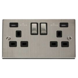 Click VPSS580BK Deco Stainless Steel Ingot 2 Gang 13A 2x USB-A 4.2A Switched Socket - Black Insert