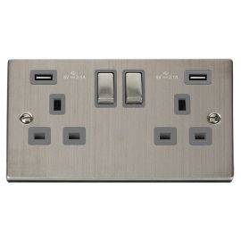 Click VPSS580GY Deco Stainless Steel Ingot 2 Gang 13A 2x USB-A 4.2A Switched Socket - Grey Insert