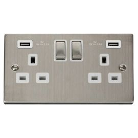 Click VPSS580WH Deco Stainless Steel Ingot 2 Gang 13A 2x USB-A 4.2A Switched Socket - White Insert