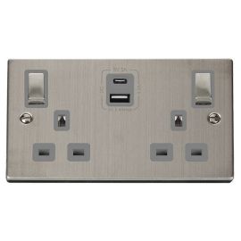 Click VPSS586GY Deco Stainless Steel Ingot 2 Gang 13A 1x USB-A 1x USB-C 4.2A Switched Socket - Grey Insert image