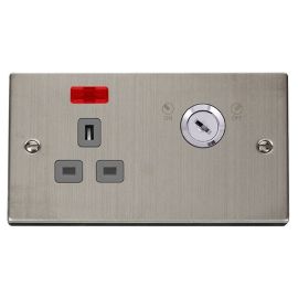 Click VPSS655GY Deco Stainless Steel 1 Gang Double-Plate 13A 2 Pole Neon Lockable Socket - Grey Insert image