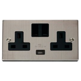 Click VPSS770BK Deco Stainless Steel 2 Gang 13A 1x USB-A 2.1A Switched Socket - Black Insert image