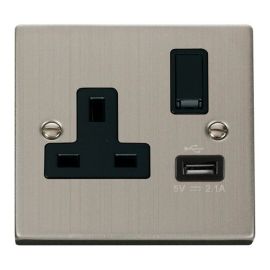 Click VPSS771BK Deco Stainless Steel 1 Gang 13A 1x USB-A 2.1A Switched Socket - Black Insert image