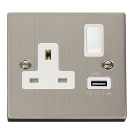 Click VPSS771WH Deco Stainless Steel 1 Gang 13A 1x USB-A 2.1A Switched Socket - White Insert image