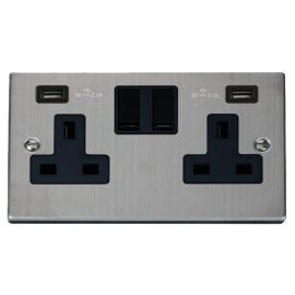 Click VPSS780BK Deco Stainless Steel 2 Gang 13A 2x USB-A 4.2A Switched Socket - Black Insert