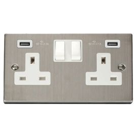 Click VPSS780WH Deco Stainless Steel 2 Gang 13A 2x USB-A 4.2A Switched Socket - White Insert
