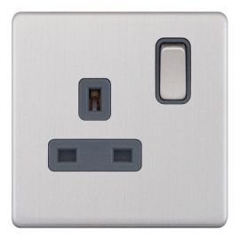 Selectric 5MPLUS-121 5M-PLUS Screwless Satin Chrome 1 Gang 13A 2 Pole Switched Socket - Grey Insert