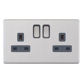 Selectric 5MPLUS-122 5M-PLUS Screwless Satin Chrome 2 Gang 13A 2 Pole 2 Earth Terminal Switched Socket - Grey Insert image