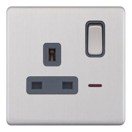 Selectric 5MPLUS-123 5M-PLUS Screwless Satin Chrome 1 Gang 13A 2 Pole Neon Switched Socket - Grey Insert