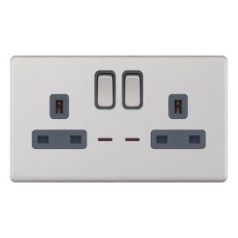 Selectric 5MPLUS-124 5M-PLUS Screwless Satin Chrome 2 Gang 13A 2 Pole Neon Switched Socket - Grey Insert image