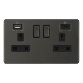 Selectric 5MPLUS-12-63 5M-PLUS Screwless Dark Bronze 2 Gang 13A 1x USB-A 2.4A 1x USB-C 3A Switched Socket
