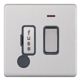 Selectric 5MPLUS-130 5M-PLUS Screwless Satin Chrome 13A 2 Pole Flex Outlet Neon Switched Fused Spur Unit - Grey Insert