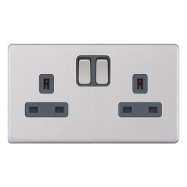 Selectric 5MPLUS-151 5M-PLUS Screwless Satin Chrome 2 Gang 13A 1 Pole Switched Socket - Grey Insert