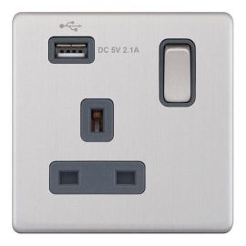 Selectric 5MPLUS-160 5M-PLUS Screwless Satin Chrome 1 Gang 13A 1 Pole 1x USB-A 2.1A Switched Socket - Grey Insert image