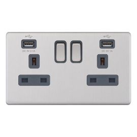 Selectric 5MPLUS-161 5M-PLUS Screwless Satin Chrome 2 Gang 13A 1 Pole 2x USB-A 3.1A Switched Socket - Grey Insert