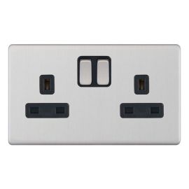 Selectric 5MPLUS-251 5M-PLUS Screwless Satin Chrome 2 Gang 13A 1 Pole Switched Socket - Black Insert image