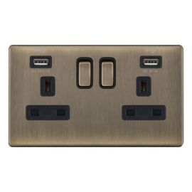 Selectric 5MPLUS-661 5M-PLUS Screwless Antique Brass 2 Gang 13A 1 Pole 2x USB-A 3.1A Switched Socket image