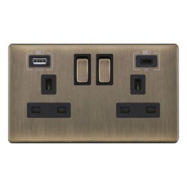 Selectric 5MPLUS-663 5M-PLUS Screwless Antique Brass 2 Gang 13A 1x USB-A 2.4A 1x USB-C 3A Switched Socket