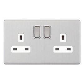 Selectric 5MPLUS-722 5M-PLUS Screwless Satin Chrome 2 Gang 13A 2 Pole 2 Earth Terminal Switched Socket - White Insert