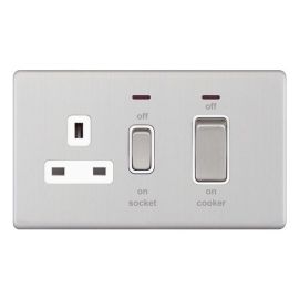 Selectric 5MPLUS-731 5M-PLUS Screwless Satin Chrome 45A Cooker Unit 13A Neon Switched Socket - White Insert