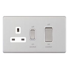 Selectric 5MPLUS-749 5M-PLUS Screwless Satin Chrome 45A Cooker Unit 13A Switched Socket - White Insert image