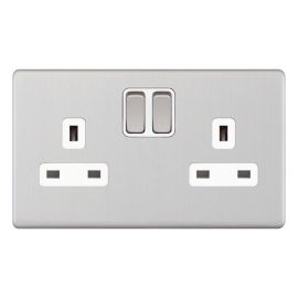 Selectric 5MPLUS-751 5M-PLUS Screwless Satin Chrome 2 Gang 13A 1 Pole Switched Socket - White Insert image