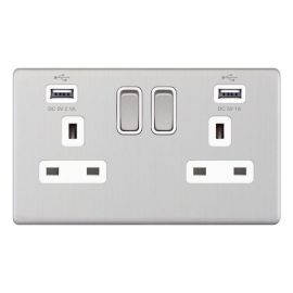 Selectric 5MPLUS-761 5M-PLUS Screwless Satin Chrome 2 Gang 13A 1 Pole 2x USB-A 3.1A Switched Socket - White Insert image