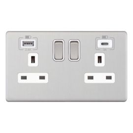 Selectric 5MPLUS-763 5M-PLUS Screwless Satin Chrome 2 Gang 13A 1x USB-A 2.4A 1x USB-C 3A Switched Socket - White Insert image