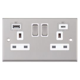 Selectric 7MPRO-163 7M-PRO Screwed Satin Chrome 2 Gang 13A 1x USB-A 2.4A 1x USB-C 3A Switched Socket - White Insert