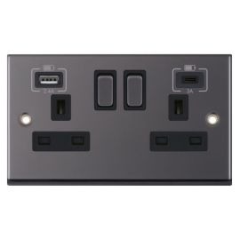 Selectric 7MPRO-463 7M-PRO Screwed Black Nickel 2 Gang 13A 1x USB-A 2.4A 1x USB-C 3A Switched Socket image