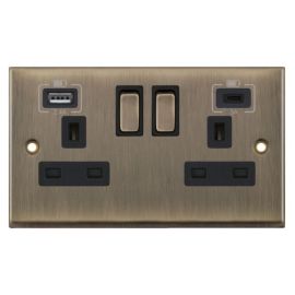 Selectric 7MPRO-663 7M-PRO Screwed Antique Brass 2 Gang 13A 1x USB-A 2.4A 1x USB-C 3A Switched Socket image