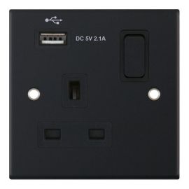 Selectric DSL11-60 5M Matt Black 1 Gang 13A 1x USB-A 2.1A Switched Socket